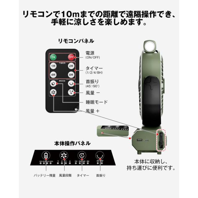キャンプ扇風機 扇風機 充電式 アウトドア 4階段風量調節 タイマー 80時間連続使用 自動首振り 吊り下げ LEDライト リモコン付き 卓上 防災 キャンプ_6