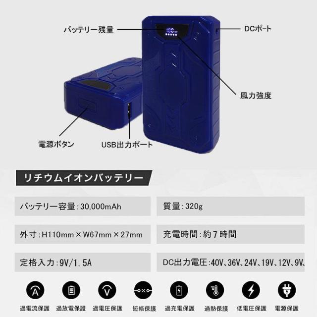 空調ウェア2026 空調作業服用 ファンバッテリーセット 40V バッテリー ファン 5枚羽強力 6段階調節可能 熱中症対策 セット 空調ウェア対応 30 000mAh大容量_4