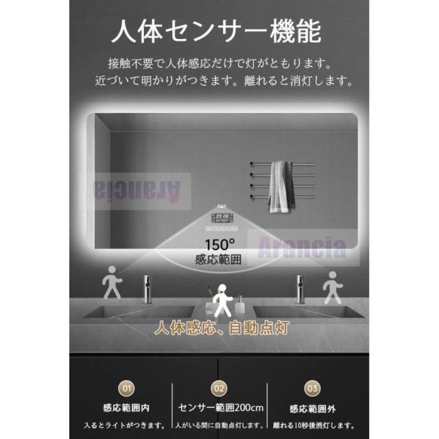 壁掛けミラー ウォールミラー 洗面鏡 浴室鏡 女優ミラー 洗面台 浴室 美容室 LEDライト付き 調光機能 三色調光対応 北欧デザイン 長方形 全身対応 50*70cm