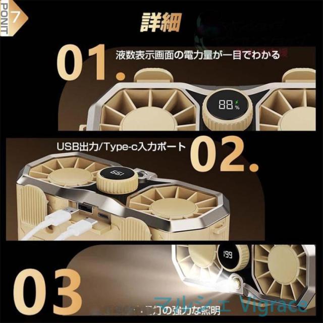 腰掛け扇風機 強力 首掛け 双風口 強力 小型 199段階風量調節 96H時間動作 アウトドア 静音 15000mAh 照明 dcモーター 携帯扇風機 持ち運び 高温対策 室外作業_12