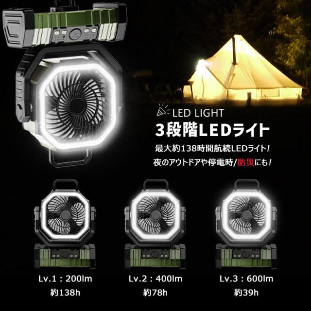 アウトドア扇風機 充電式 キャンプ 換気 DCモーター 自動首振り 20000mAhバッテリー リモコン付き タイマー LEDライト 熱中症対策 防災_7