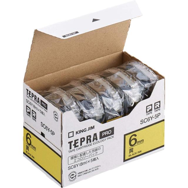 キングジム 【純正】 テプラPROテープカート リッジ エコパック5個入 6mm 黄ラベル/黒文字 長さ8m SC6Y-5P