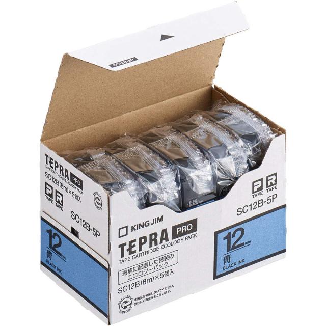 【純正】 キングジム(Kingjim) テプラPROテープカート リッジ エコパック5個入 12mm 青ラベル/黒文字 長さ8m SC12B-5P
