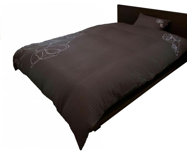 ホテルスタイル サテンストライプカバー アローサ(花柄刺繍入り) 掛布団カバー ダブルロングサイズ チャコールグレイ HS23051-139の通販は