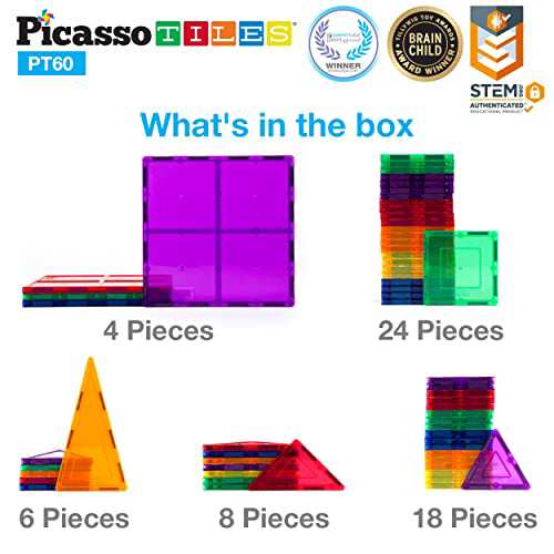 PicassoTiles 60ピースセット60pcsマグネットビルディングタイルクリア