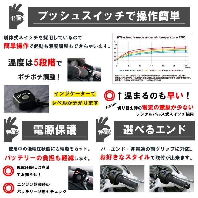 キジマ(Kijima) バイクパーツ グリップヒーター GH08 スイッチ別対式 120mm プッシュスイッチ φ22.2用 304-8203_3