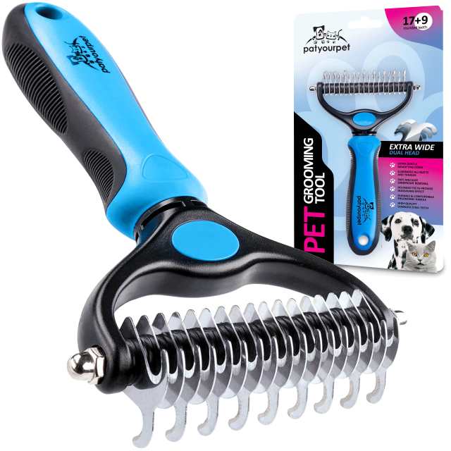 Pet Grooming Tool - 2 Sided Undercoat Rake for Cats ＆ Dogs - Safe Dematting Comb for Easy Mats ＆ Tangles Removing - No More Na