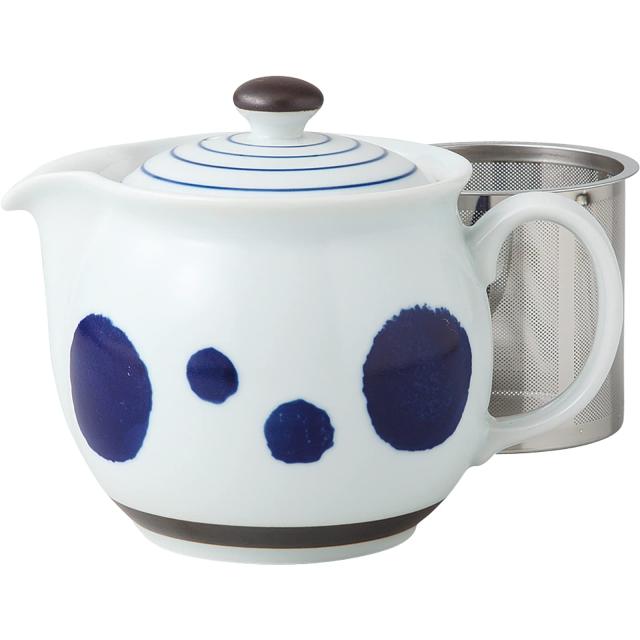 波佐見焼 ティーポット 丸紋ライン柄 (スーパーステンレス 茶こし付) 容量約450ml 日本製 14049