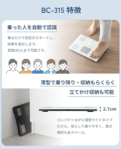 タニタ 体重計 体組成計 50g グレー BC-315 GY 【体脂肪率/内臓脂肪レベル/筋肉量/基礎代謝量/体内年齢/推定骨量/BMI/立掛け収納OK/乗るの通販は