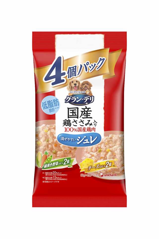 グラン・デリ 銀のさら パウチ 国産鶏ささみ入り ジュレ 成犬用 バラエティ 緑黄色野菜入り、緑黄色野菜・チーズ入り 80g×4個パック×16