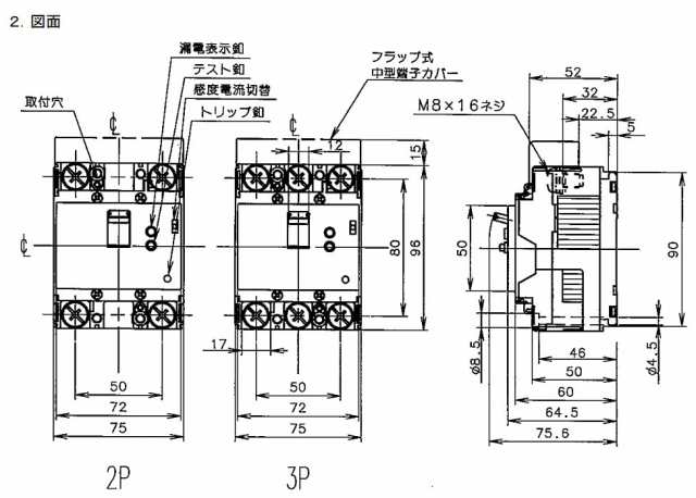 パナソニック(Panasonic) 漏電ブレーカ BJW-125型 3P3E OC付 100A 30mA