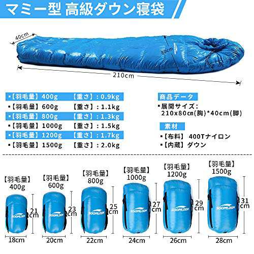 Soomloom マミー型 高級ダウン650FP寝袋 登山 シュラフ/キャンプ アウトドア 防災用 避難用 防水 (ブルー, 羽毛量800g)｜au  PAY マーケット