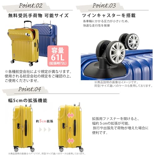 トラベリスト スーツケース ジッパー オープン モーメント 拡張機能付き 61L 64 cm 4.3kg ブルーカーボン