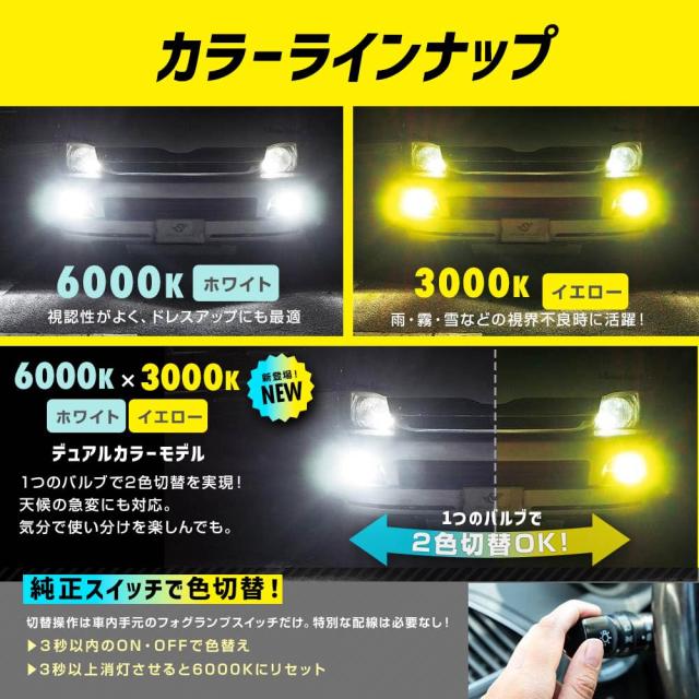 スフィアライト H8 H11 H16 フォグランプ LED バルブ 2色切り替え 6000K ？ 3000K 車検対応 4800lm 12V ファンレス 簡単取付 ノイズ対策