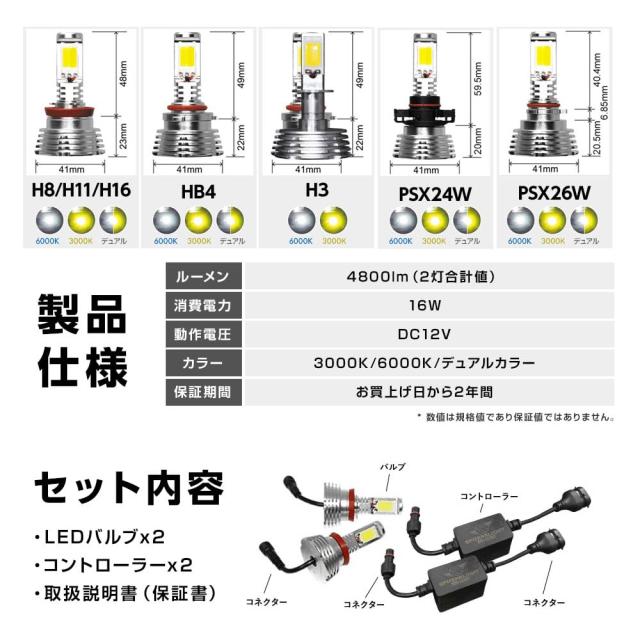 スフィアライト H8 H11 H16 フォグランプ LED バルブ 2色切り替え 6000K ？ 3000K 車検対応 4800lm 12V ファンレス 簡単取付 ノイズ対策