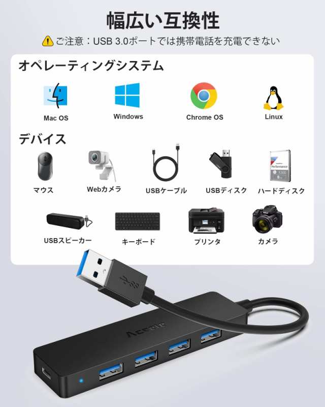 Aceele USB ハブ 5ポート USB 3.0 ハブ Type-C 給電用ポート付きPS4