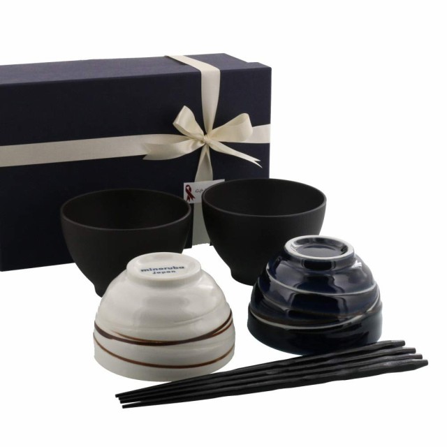 テーブルウェアイースト 和食器 らせん夫婦茶碗＆お椀＆箸ペア6点セット 食器セット 茶碗 (ホワイト×ネイビー) 包装紙ラッピングの通販は