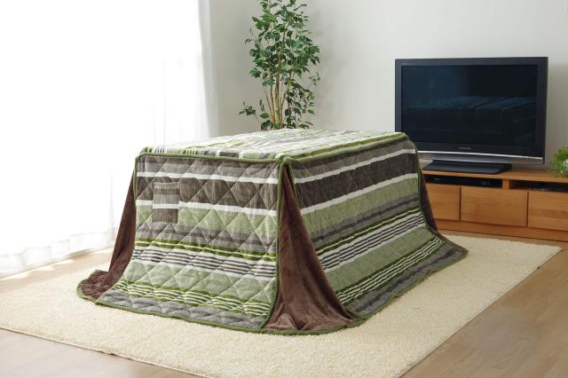 イケヒコ こたつハイタイプ用掛けふとん 長方形 ニードル 約235×275？ グリーン ボーダー #6823189