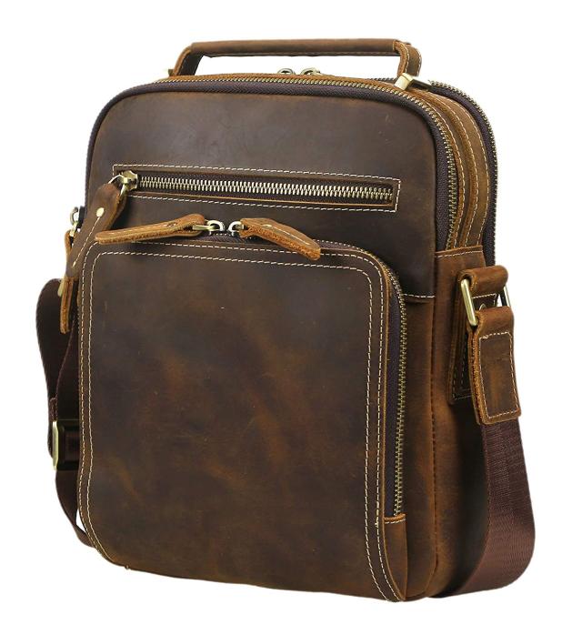 LANNSYNE ショルダーバッグ 斜め掛けバッグ メンズ 本革 オイルレザー 大容量 9.7インチiPad対応 カジュアル 通勤 アウトドア 鞄 ダーク