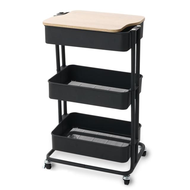 【取り出しやすくリニューアル! 】アイリスプラザ キッチンワゴン 調味料ラック バスケットラック 木天板タイプ 収納ワゴン 3段 キャスタ