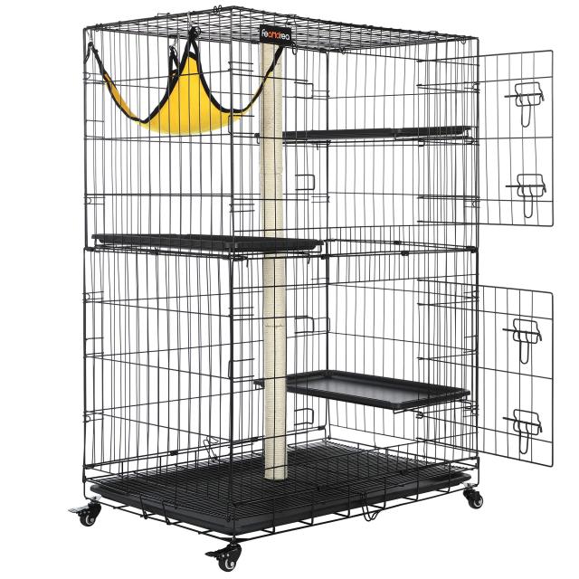 FEANDREA 猫用ケージ 大型 128×91×57cm 3階層 全段爪研ぎポール付き 脱走防止 多頭飼い ケージ 組立簡単 折り畳み式 移動便利 シンプル