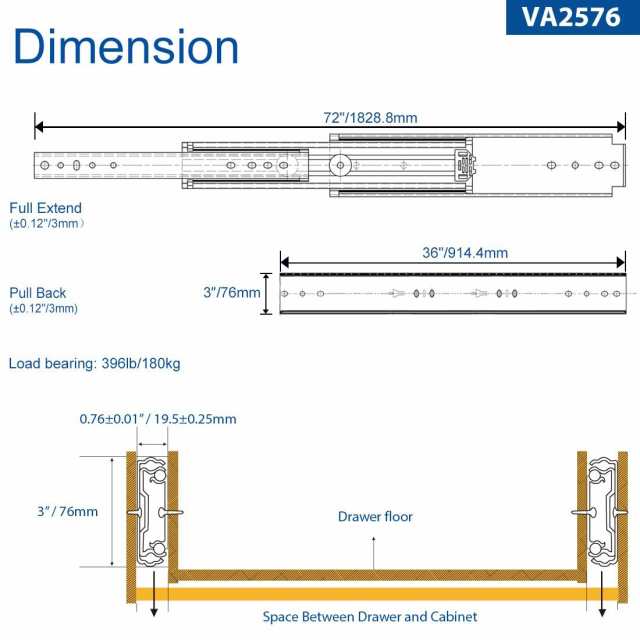 VADANIA 超重量用スライドレール 900mm Heavy Duty引き出しスライド VA2576 かんぜんな拡張ボール 左右1セット｜au  PAY マーケット