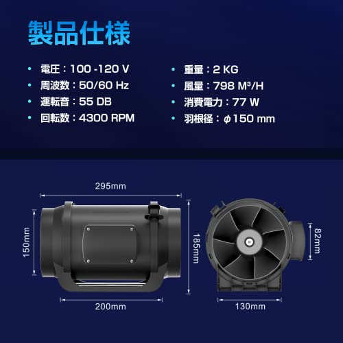 Hon＆Guan ダクトファン 150mm 究極風量 798m？/h 強力 無段階調速 