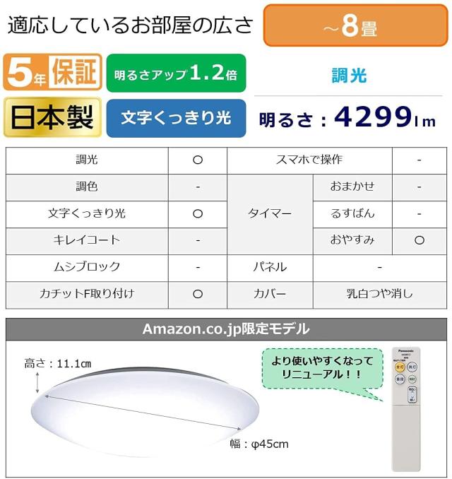 パナソニック 日本製 LEDシーリングライト 調光タイプ 昼光色 ~8畳 4299lm リモコン付 HH-CF0820DZ 【ネット限定】_1