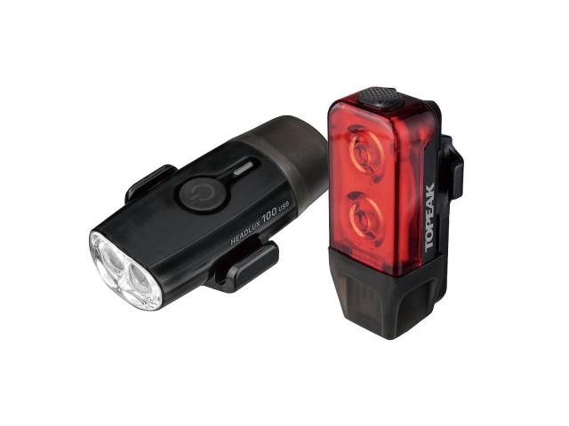 Topeak USB充電式ライトセット、HeadLux 100フロントとテールラックス25リア、ブラック。