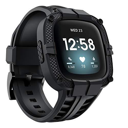 GELISHI Fitbit Versa 3/Fitbit Sense用バンド バンパーケース付き 頑丈な保護バンド TPUプロテクターケース リストバンドストラップ ス