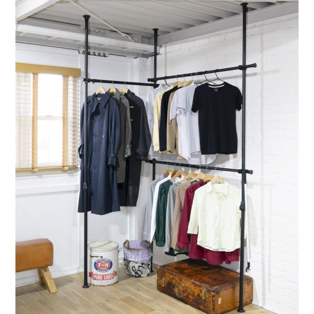 山善 突っ張り ハンガーラック 全体耐荷重90kg たて・よこ伸縮 (幅160-292cm/高さ190-260cm) シャツ最大135着 ひっかけ棒付き 服かけ