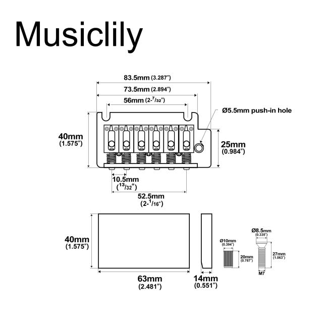 Musiclily Pro 弦ピッチ 10.5mm 2点支持タイプ USAストラトギター用トレモロユニットブリッジ スチールサドルフルブロック、ゴールド