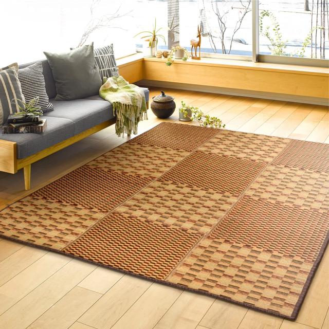 萩原 い草コンパクトラグ 裏貼り ブラウン 約180×180cm キハチ 厚手 撥水 抗カビ 消臭