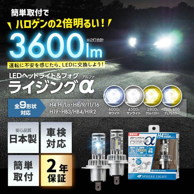 スフィアライト H4 Hi/Lo LED ヘッドライト RIZINGα 3600lm ロービーム 車検対応 6000K ホワイト 白 12V 日本製 純正サイズ 簡単取付 ノ_6
