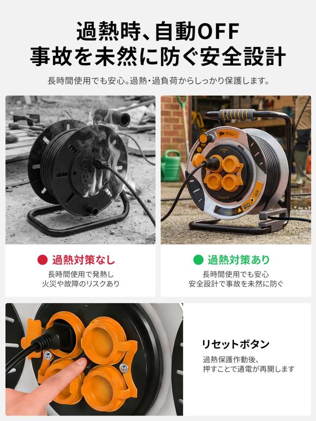 Masterplug コードリール 30m 延長コード屋外用 100V型 ドラムコード 防雨・防塵コンセント4個 温度センサー内蔵 プラグ抜き差し不要 建 Masterplug コードリール 30m 延長コード屋外用 100V型 ドラムコード 防雨・防塵コンセント4個 温度センサー内蔵 プラグ抜き差し不要 建