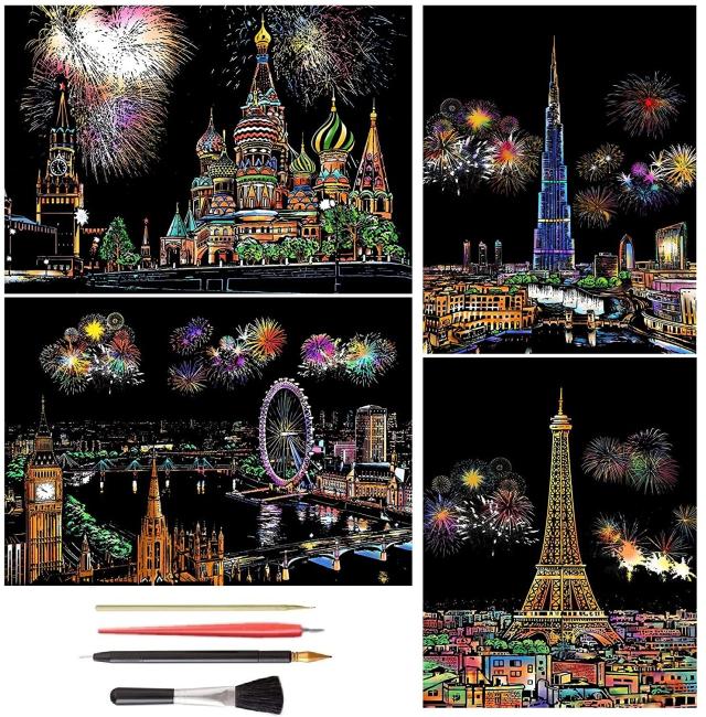 4枚入 スクラッチアート A4サイズ 彫刻アート 削るだけで美しいアート