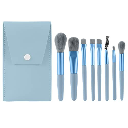 Annhua 携帯 メイクブラシセット 8本セット 化粧ポーチ付き 化粧ブラシセット 化粧道具 高級繊維毛 ブルー 保護用ネットが付き 敏感肌適