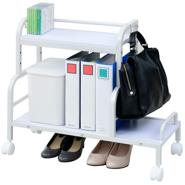 [山善] デスク下 収納 ワゴン キャスター付き 靴・A4ファイル・バッグをまとめて収納 棚板可動 フック付き 幅70×奥行29.5×高さ60cm ホの通販は