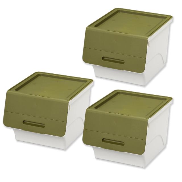 サンカ フロック 重ねて使える蓋付き衣装ケース サンド カーキ 【3個組】 おしゃれな大容量収納 引き出さずに使える前面開閉式 カパっとの通販は