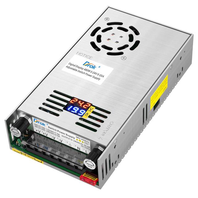 DROK スイッチング電源 AC 110/220VDC 0-24V 0-20A 480W 電圧調整可能 安定化電源 直流電源変換器 過負荷電圧遮断 放熱ファン付き コン