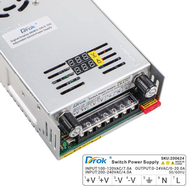 DROK スイッチング電源 AC 110/220VDC 0-24V 0-20A 480W 電圧調整可能 安定化電源 直流電源変換器 過負荷電圧遮断 放熱ファン付き コン_1