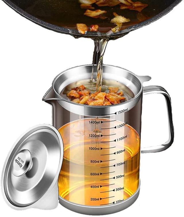 Ticaot18-8ステンレス+ 耐熱透明ガラス オイルポット 油こし器 残留物をろ過 油ろ過器 家庭用 レストラン向け計量カップ (1.5L)