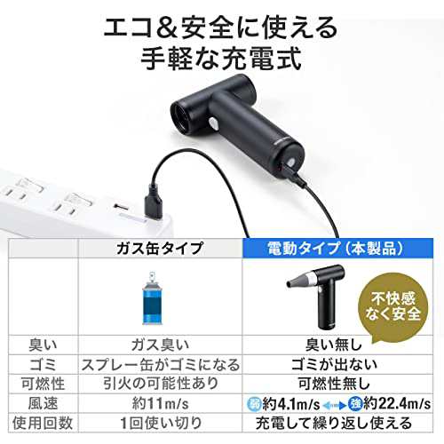 サンワダイレクト 電動エアダスター 充電式 4段階風量調整 ガス不使用 自動噴射/手動噴射 シリコンノズル付き アルミ製 200-CD076