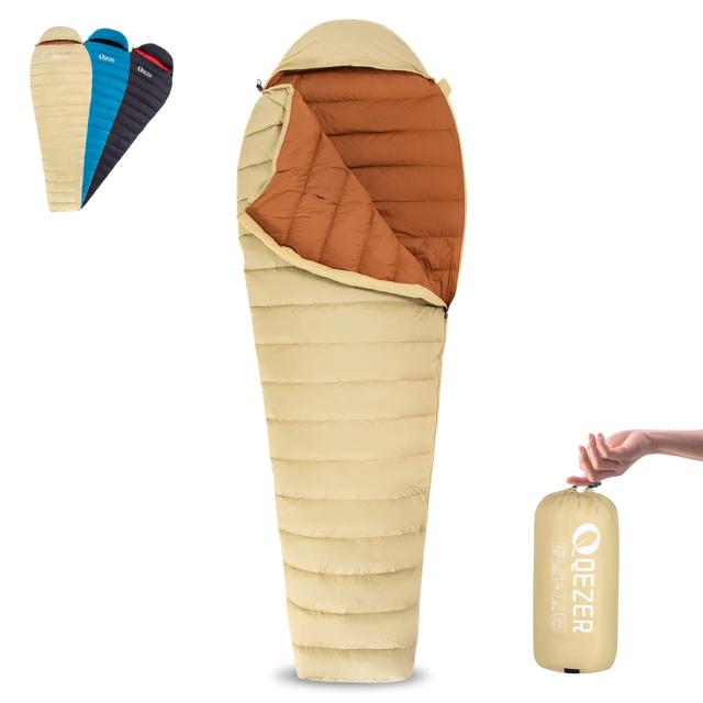 QEZER シュラフ ダウン 寝袋 コンパクト マミー型 260g/400gダウン充填 春夏秋用 1200gダウン充填 冬用寝袋 650FP高級ダウン 400T撥水加