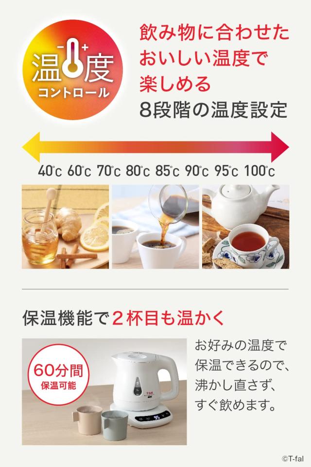 ティファール 電気ケトル 0.8L 温度調節 8段階 転倒お湯もれロック アプレシア ロック コントロール ホワイト 省スチーム設計 保温 K