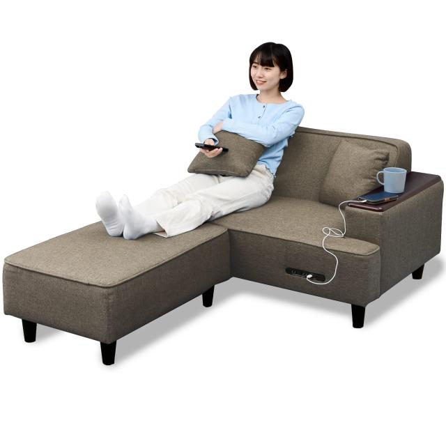 山善 ソファ (カウチソファ) 2人掛け 木製肘掛け/2口コンセント/USB