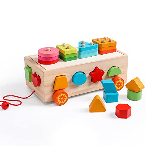 Mamimami Home 立体パズル 型はめ スタッキング 形合わせ はめ込み 玩具 モンテソッリー 棒通し 積み木 木製の車おもちゃ 子供 1歳 2歳 3