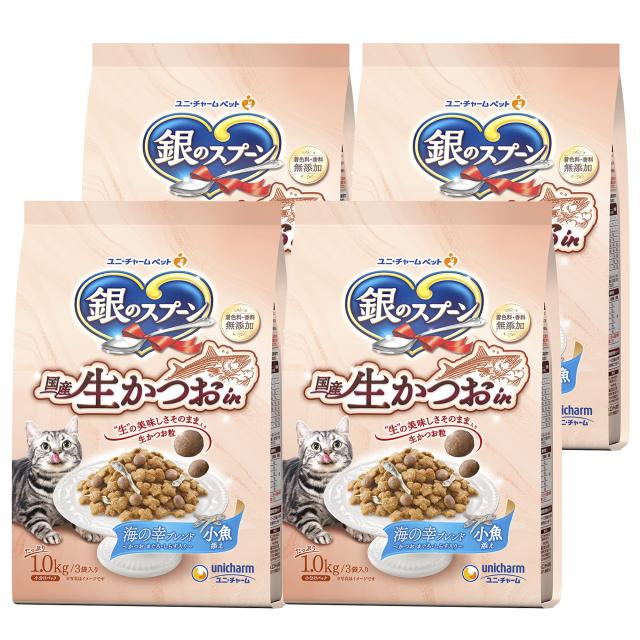【まとめ買い】銀のスプーン キャットフード ドライ 国産生かつおin 海の幸ブレンド 小魚添え 4kg(1.0kg×4) 国産 ユニチャーム 5,614円