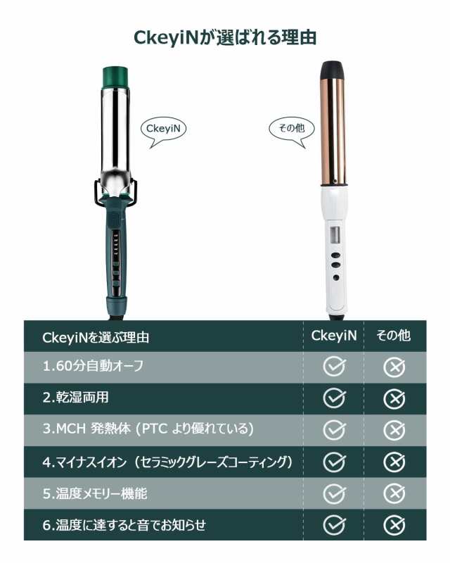 CkeyiNヘアアイロン カール コテ 40mm カールアイロン マイナスイオン ...