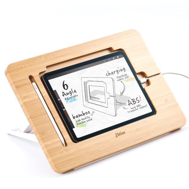 ELETIUO 調節可能なタブレットスタンド 鉛筆＆充電ケーブルスロット付き 竹製木製スタンド 複数の角度 引き出し用オーガナイザー デスクト 6,420円
